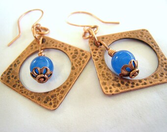 Copper~ blue onyx gemstone dangle EARRINGS~handmade~hammered