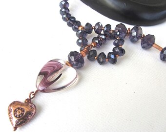 Purple crystals LARIAT necklace ~ heart glass focal  ~ copper ~ OOAK  ~ unusual unique ~ amethyst