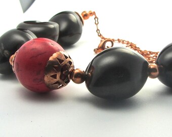 Dark brown tagua nut and red magnesite with copper necklace VERY lightweight