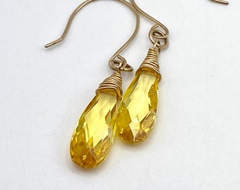 Lemon yellow Swarovski crystal - 14k Gold filled -  EARRINGS - perfect for Wedding brides - teardrop shaped faceted crystals are beautiful