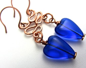 Royal cobalt deep blue glass heart EARRINGS with copper,  dangles, heart shape, OOAK, free form, FREE shipping