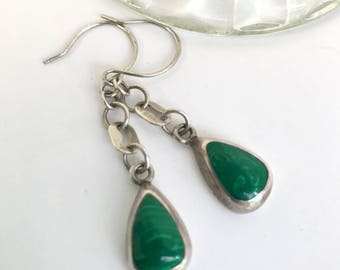 Malachite Sterling Silver Earrings, Inlaid, Drop Earrings, Stylish, Green Gemstone