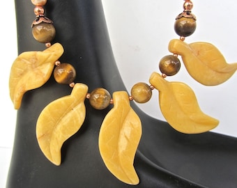 SALE -Saffron yellow agate gemstone leaves - NECKLACE with brown tiger eye - copper - Lays beautifully