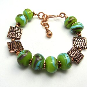 Square copper snakeskin pattern bead lime green lampwork handmade bracelet matching set available 10% off sett image 2