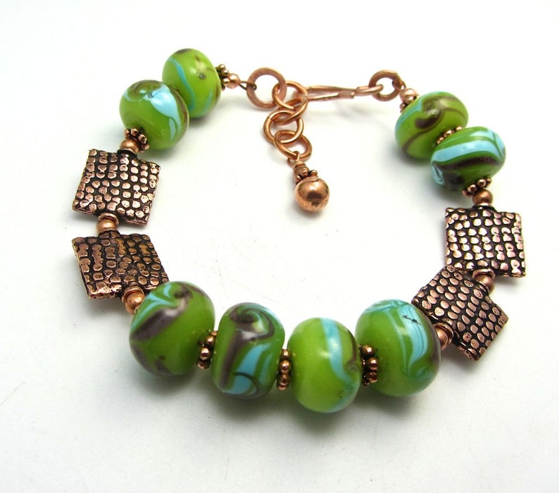 Square copper snakeskin pattern bead lime green lampwork handmade bracelet matching set available 10% off sett image 2