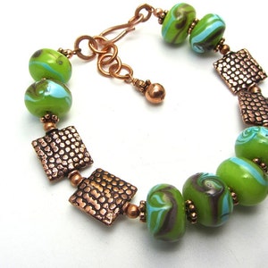 Square copper snakeskin pattern bead lime green lampwork handmade bracelet matching set available 10% off sett image 3