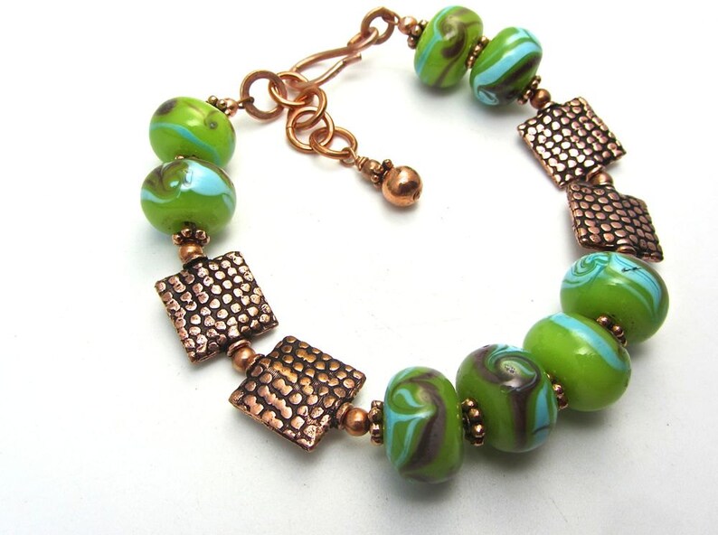 Square copper snakeskin pattern bead lime green lampwork handmade bracelet matching set available 10% off sett image 3