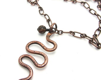 Snake NECKLACE copper handmade hammered leopard jasper -  hanging on 20 inch copper chain, perfect for the guy in your life