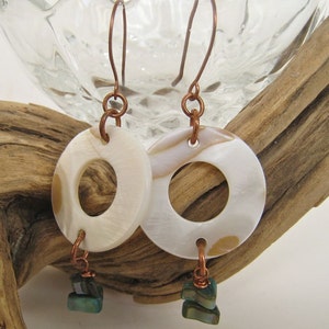 May include: Copper earrings with white shell circles and turquoise green accents.
