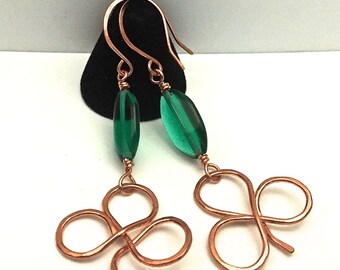 Long- deep green -glass beaded Celtic EARRINGS ~ copper shamrock ~ St Patrick's Day ~ Irish