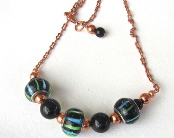 Black onyx gemstone Striped black blue green glass  OOAK beaded handcrafted necklace with copper