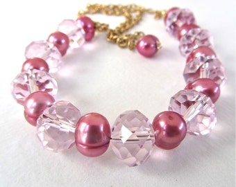 PINK rondelle crystals, freshwater pink pearls Necklace...Wedding, Brides handmade jewelry