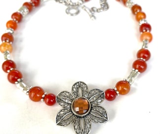 Spring flower necklace - red agate gemstones - toggle clasp - will adjust length for free