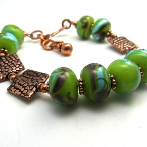 Square copper snakeskin pattern bead lime green lampwork handmade bracelet matching set available 10% off sett image 4