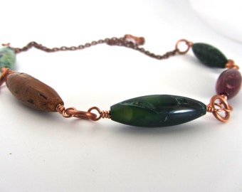 On SALE - COLORFUL long oval gemstones copper necklace  handcrafted  green orange pink