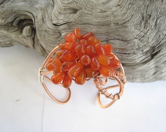 SALE--Carnelian gemstone Copper Cuff OOAK handcrafted unique unusual beautiful orange gemstones