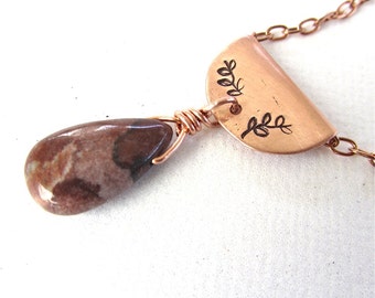 Sunrock Jasper gemstone - copper necklace - Handcrafted stamped copper bail