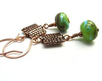 Snakeskin copper beaded EARRINGS, lime green lamp work beads, Complete matching set is available