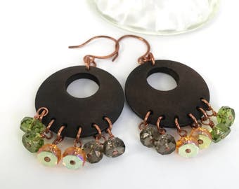 Dark Brown Wood Hoop, Gold Green Glass Beaded EARRINGS, Beachy, Island, Fun, Dangles, Copper Earwires