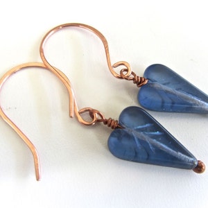 Short-Unusual glass beaded EARRINGS ~ Once side is a pretty blue and the other a frosted green Copper ear wires