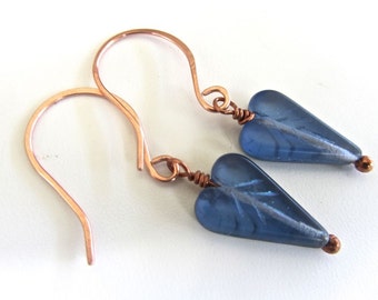 Short-Unusual glass beaded EARRINGS ~ Once side is a pretty blue and the other a frosted green Copper ear wires