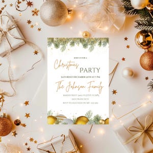 Invito per la festa di Natale in oro, invito glamour stampabile o digitale, modello di invito per la festa di Natale in oro, design Canva modificabile