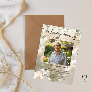 Modèle élégant d'invitation pour funérailles | Conception de toile modifiable | faire-part fleurs blanches | Célébration de la vie | Carte commémorative