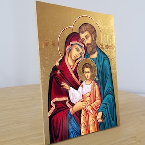 Icon Holy family - Byzantine Icon, Gold Leaf - Handmade Religious Art (with Easel)