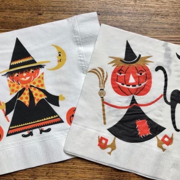 Two Vintage Halloween Square Paper Napkins. Black spooky Cat and Witch. Anthropomorphic jack ‘o lantern! Great graphics!