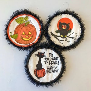 Set of 3 Vintage Halloween Ornaments! Black cat, pumpkin and Owl. Made from paper drink coasters. OOAK