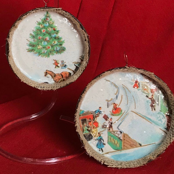 Upcycled Vintage Christmas Ornaments, OOAK, vintage retro Christmas cards, Mason jar lids, burlap !