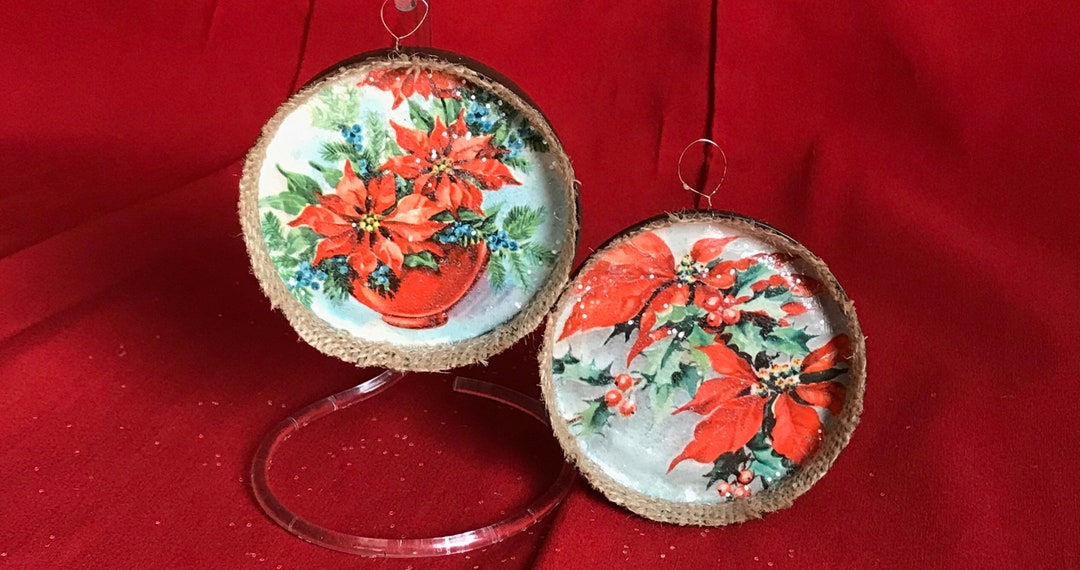 Upcycled Vintage Christmas Ornaments, OOAK, Red Poinsettias, Vintage