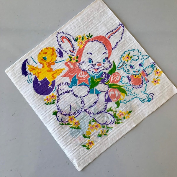 Vintage Easter Greetings paper napkin! Kitschy anthropomorphic bunny, lamb and chick. Great graphics! Wonderful to display!