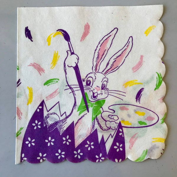 Vintage Easter Greetings paper napkin! Kitschy bunny painting an egg. 1950’s. Great graphics! Wonderful to display!