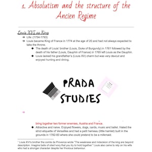 May include: A black and white image of a laptop computer with the text "PRADA STUDIES" in red and white letters. The image is a visual representation of the French Revolution and the reign of Louis XVI.