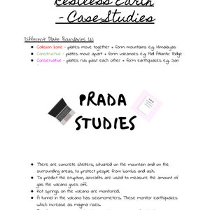 Puede incluir: Una imagen en blanco y negro de una computadora portátil con la palabra "PRADA" y las palabras "STUDIES" escritas en letras grandes y negritas. La imagen es una representación visual del concepto de "Restless Earth - Case Studies" e incluye información sobre diferentes límites de placas, incluidas las zonas de colisión, las zonas constructivas y las zonas conservativas.