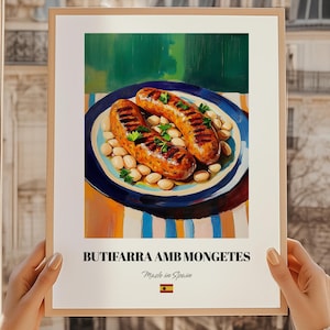 Butifarra amb Mongetes, Spaans eten schilderen, aangepaste menuomslag, menuontwerp, groot olieverfschilderij, keukenmuurkunst