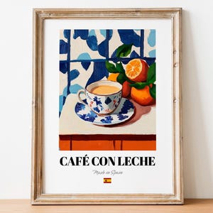 Spanish Café con Leche Art Print Poster: Milk Coffee Artwork for Cafés and Kitchens