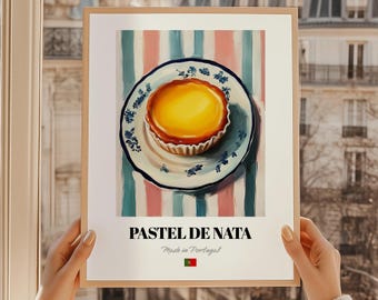 Póster vintage de Pastel de Nata, ilustración de comida portuguesa, pintura de postres portugueses, póster de cocina portuguesa