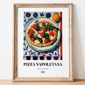 Peut inclure: Une peinture d'une pizza avec de la mozzarella, des tomates et du basilic sur une assiette blanche avec un fond à motifs bleus et blancs. Le texte "Pizza Napoletana" et "Buon appetito!" est écrit sous la pizza.