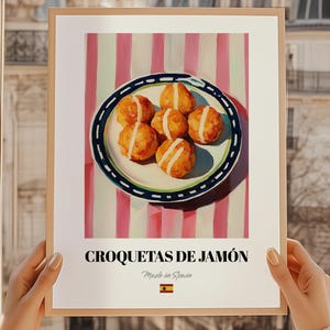 Croquetas de Jamón, plakat z hiszpańskim jedzeniem, bar przekąskowy, sztuka jadalni, szablon menu kawiarni, sztuka ścienna jadalni