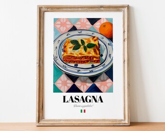 May include: A framed print of a painting depicting a plate of lasagna with a green basil leaf on top. The plate is blue and white with a floral pattern. The background is a colorful tiled pattern with pink, blue, and white tiles. The text "LASAGNA" is written in black letters below the plate. The text "Buon appetito!" is written in black letters below the word "LASAGNA". A small Italian flag is shown below the text.