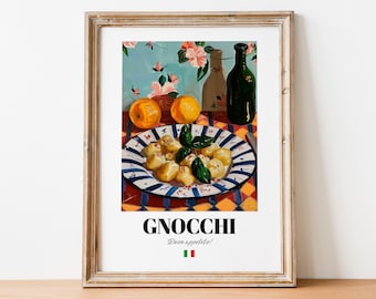 May include: A painting of a plate of gnocchi with a sprig of basil on top. The plate is blue and white with a red and yellow checkered tablecloth underneath. There are two oranges and two bottles in the background. The text "GNOCCHI" and "Buon appetito!" are written below the plate.
