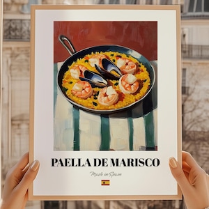 Paella de Marisco, pittura di cibo spagnolo, menù ad acquerello, schede di ricette, decorazioni da parete per la cucina