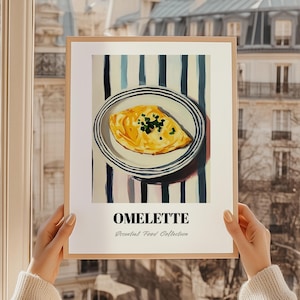 Omelette, impression d'aliments, menu de restaurant, art culinaire français, fête de bonbons, affiche de cuisine