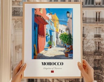 Morocco Street Scene Art Print, Colorful Oil Painting Reproduction