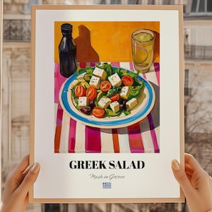 Ensalada griega, póster de comida griega, cocina griega, páginas de recetas, arte divertido para restaurantes, arte mural para la cocina