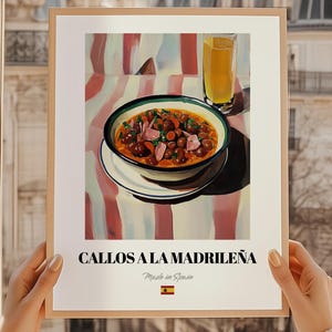 Callos a la Madrileña, hiszpański plakat kulinarny, dziwaczna sztuka kuchenna, karty z przepisami, hiszpańska sztuka kuchenna, sztuka ścienna do jadalni