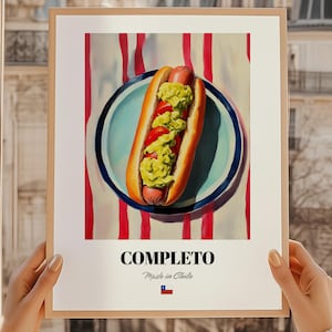 Completo Wall Art Print Poster, Chilean Cuisine, Hot Dog, Chilean Friend Gift, Chile Cafe Wall Decor