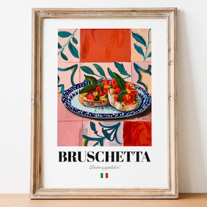 Poster Bruschetta italienne : oeuvre d&#39;art murale gastronomique moderne pour restaurants et cafés
